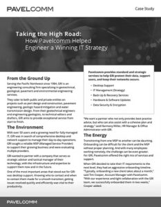 GRI A business case study document titled Taking the High Road: How Pavelcomm Helped Engineer a Winning IT Strategy, detailing IT support and solutions for a company, with sections about the environment, strategy, and results.