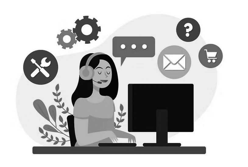 An illustrated woman sitting in front of a desktop computer with her eyes closed and thinking of all of the tools available to her, including email, shopping cart, cogs, etc.