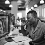A man in an office setting speaking and laughing with another person being transmitted via networking devices and monitor.