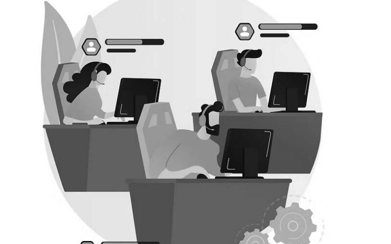 Illustration of three people wearing headsets and working at desktop computers in separate cubicles, representing a Portland IT Support team or customer service, with abstract gear icons in the corner.