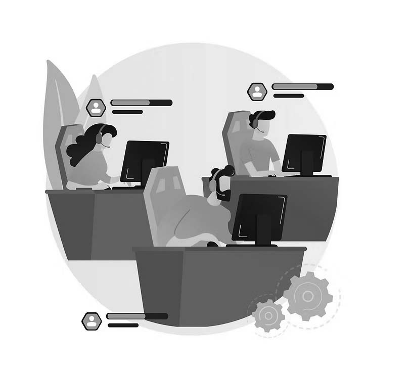 Illustration of three people wearing headsets and working at desktop computers in separate cubicles, representing a Portland IT Support team or customer service, with abstract gear icons in the corner.