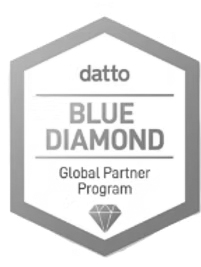 blue-diamond Hexagonal badge with blue outline featuring the text datto BLUE DIAMOND Global Partner Program and a blue diamond icon at the bottom, representing Datto’s Blue Diamond partner level.
