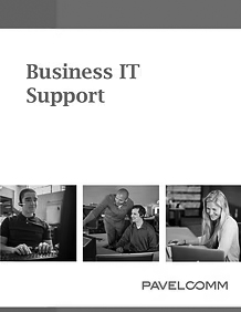 business-it-support-thumb Business IT Support text above three photos of people using computers: one person typing, two people discussing at a desk, and one person smiling at a laptop. PAVELCOMM logo at the bottom right.