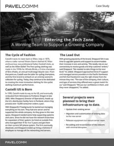 castelli A business case study document titled Entering the Tech Zone features a cyclist riding on a road. The layout includes sections with headlines and text about company growth, IT infrastructure, and migration projects.