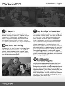 customized-IT-support A business flyer with red and white sections describes IT support services. It highlights IT experts, no sub-contracting, reduced downtime, and improved customer loyalty. Background shows people working at computers.