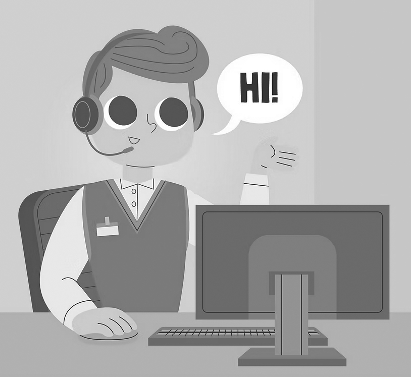 Cartoon of an IT Support representative wearing a headset, sitting at a desk with a computer, waving and saying Hi! against a yellow background—perfect for an Emergency Help Desk in Portland OR.