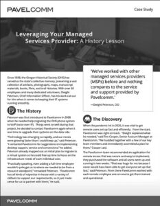 oregon-historical-society A case study document titled Leveraging Your Managed Services Provider: A History Lesson features text, a quote, and sections labeled The History and The Discovery on a white and maroon background.