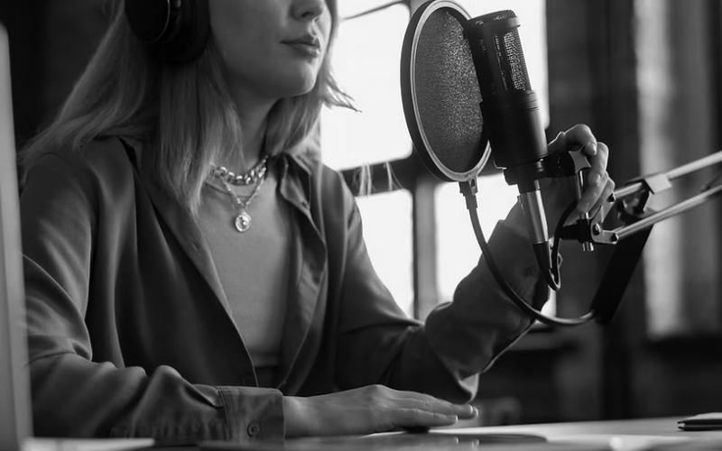 A woman wearing headphones sits at a table, speaking into a microphone on a stand. Dressed in a blue shirt and layered necklaces, she appears to be podcasting about IT Voice Solutions, gaining a competitive advantage in a studio setting.