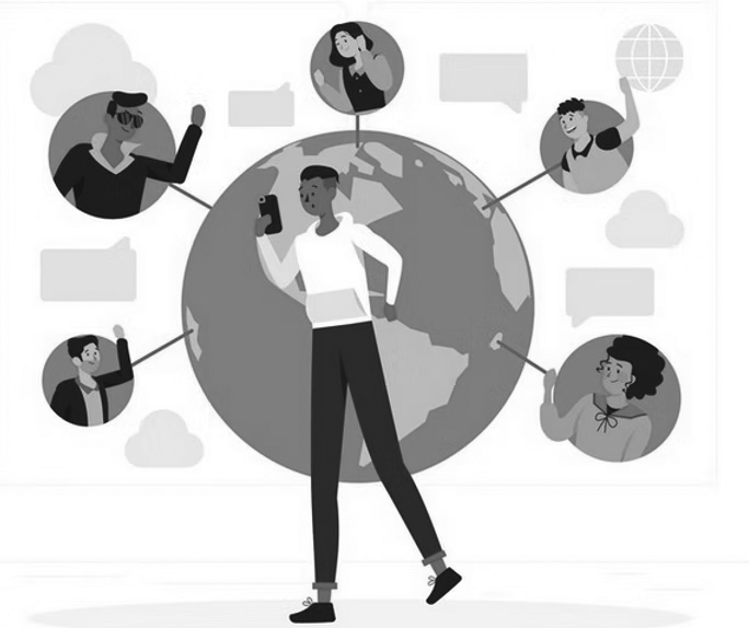 Illustration of a person holding a phone, standing in front of a globe, with five others connected by lines, symbolizing global unified communications and networking.