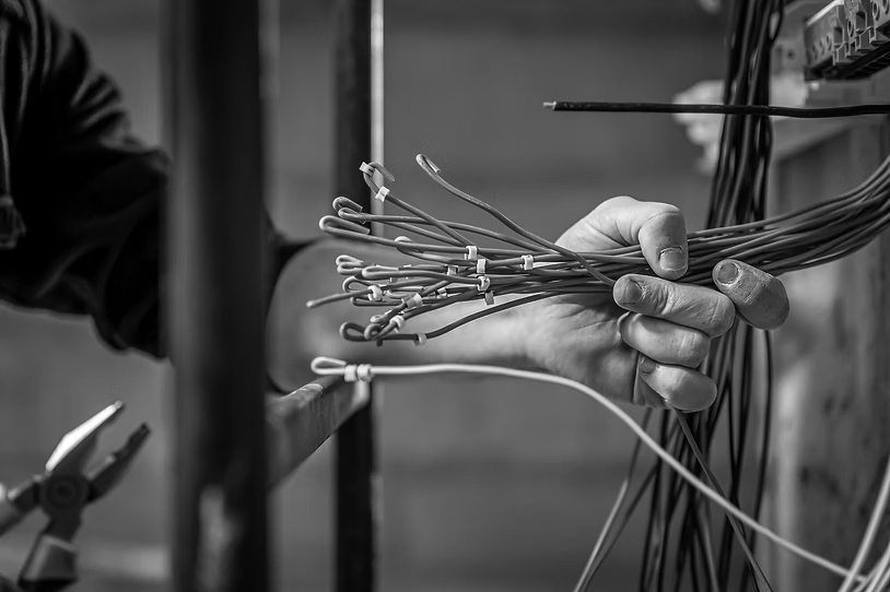 why-structured-cabling A person holds a bundle of Structured Cabling with yellow connectors, preparing for installation—a step toward future-proofing and enhancing a business network. Other wires and electrical tools are visible in the background.
