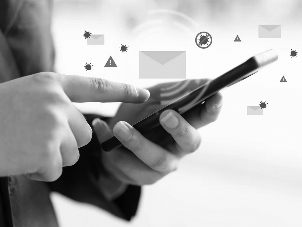 A person uses a smartphone, with illustrated email icons, warning signs, and virus symbols appearing above the device, highlighting the need for phishing training to improve email security and enhance phishing prevention.